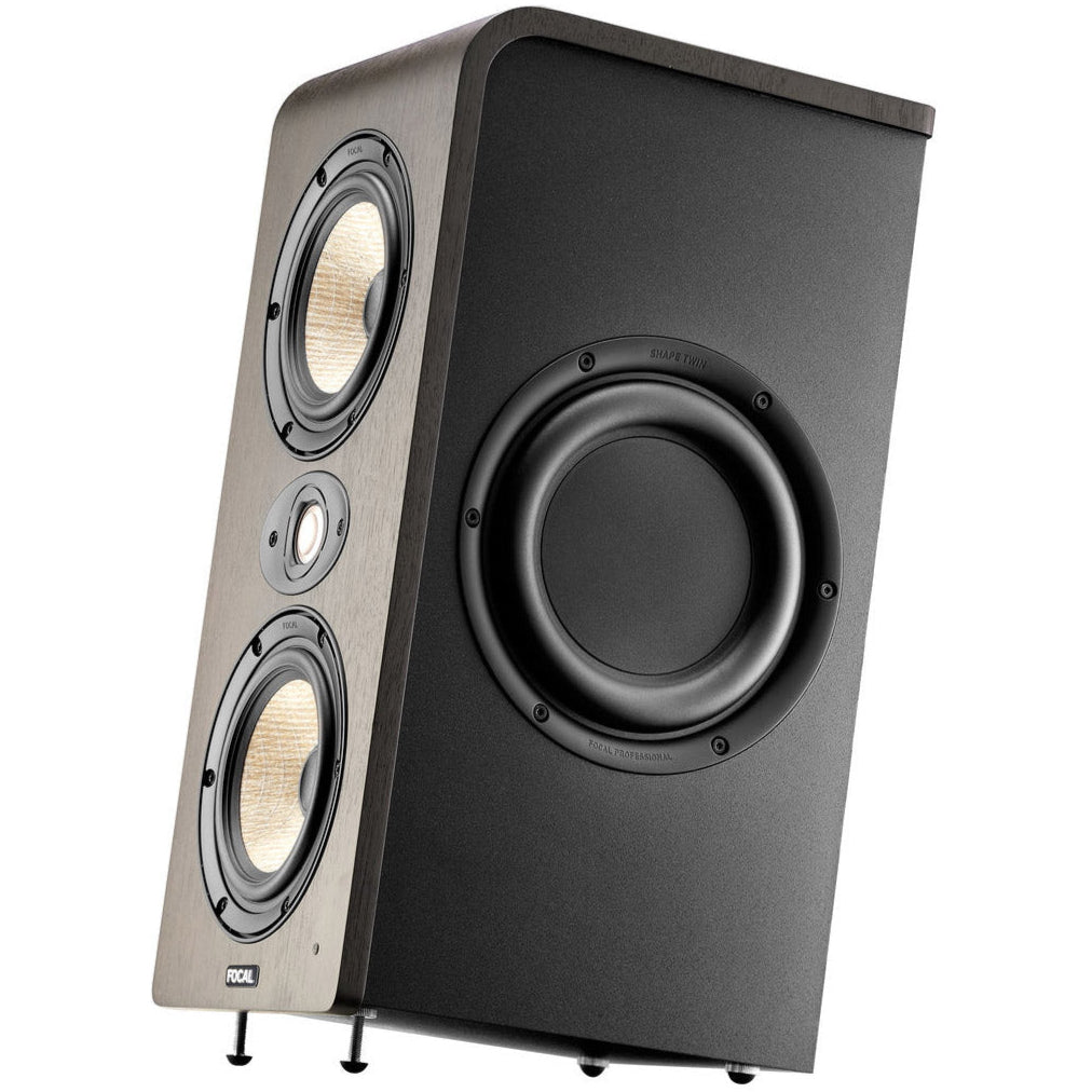 Focal Shape Twin mid-field and main monitor speakers with sleek black design and high-quality audio components.
