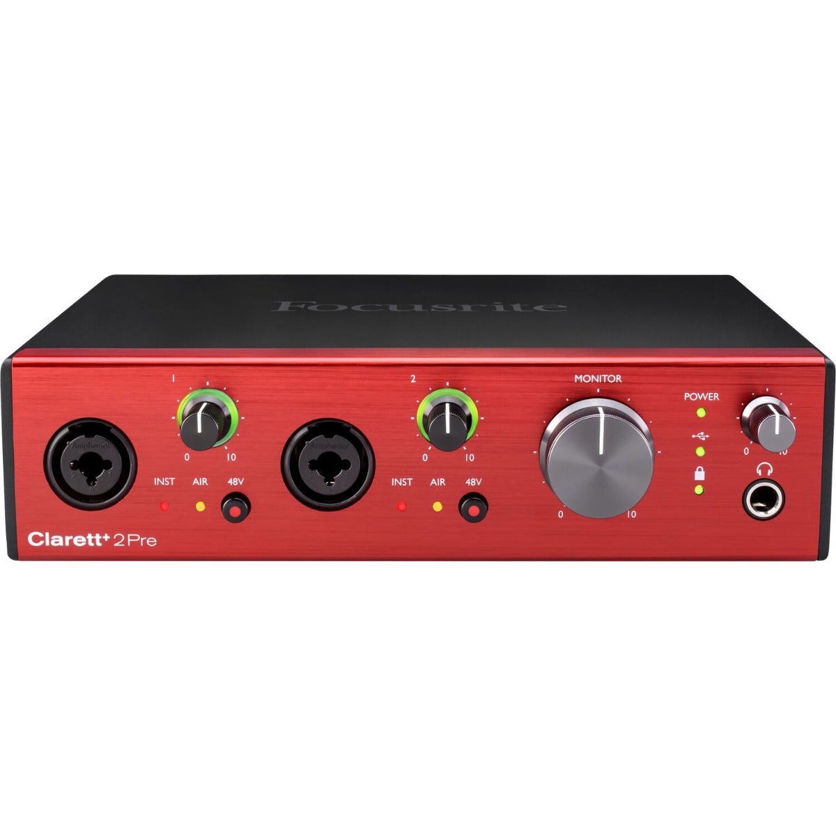 Focusrite Clarett+ 2Pre audio interface, front view.