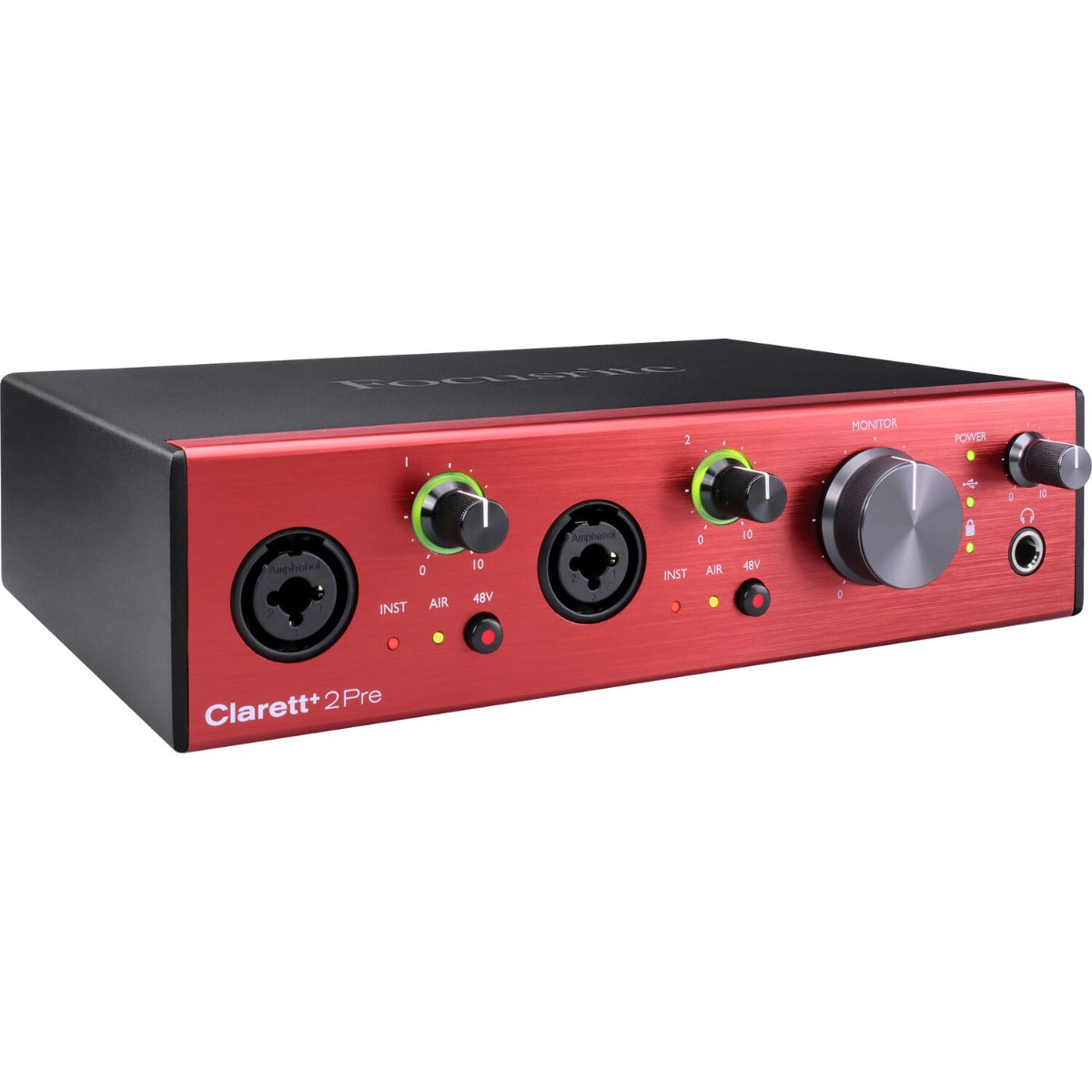 Focusrite Clarett+ 2Pre audio interface, front view.
