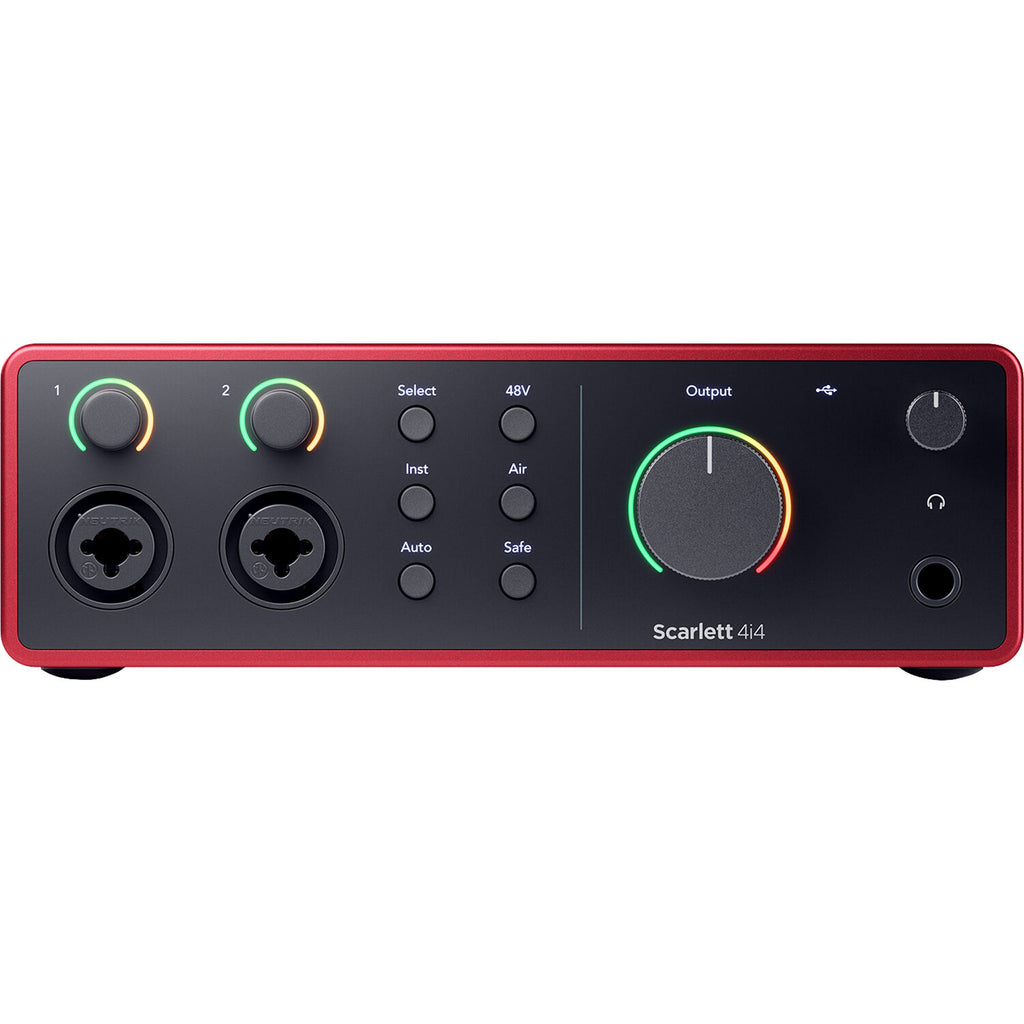 Focusrite Scarlett 4i4 4th Gen audio interface, controls detail, black