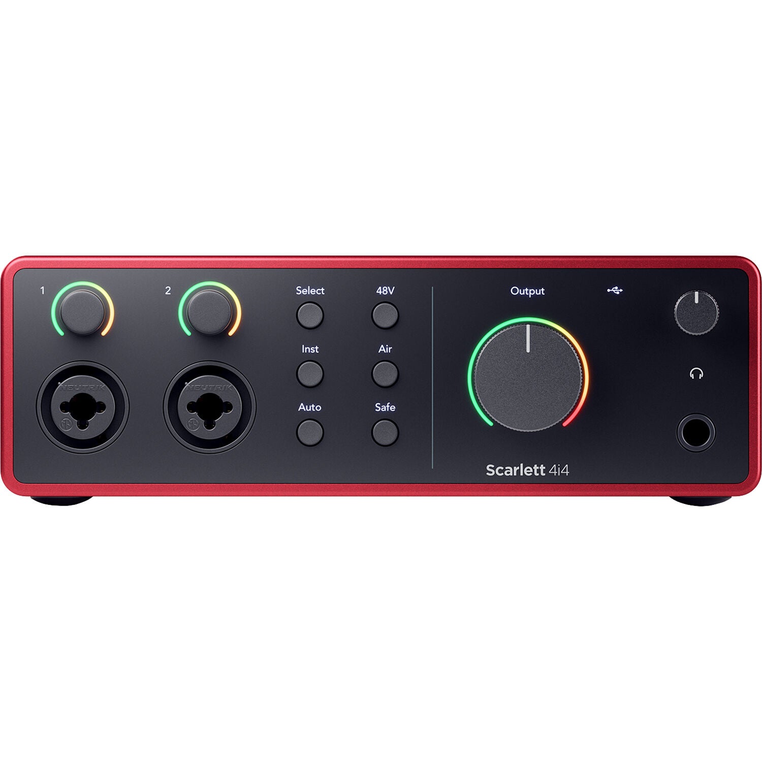 Focusrite Scarlett 4i4 4th Gen audio interface, controls detail, black