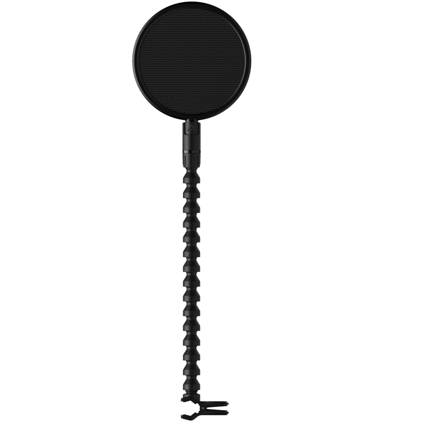 Front view of Pop Audio metal microphone pop filter set, showing the adjustable metal mesh filter for studio recording.