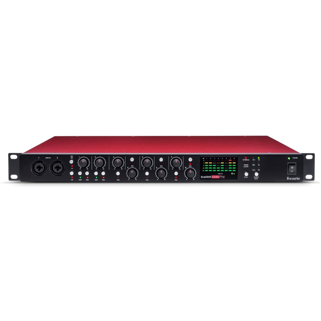 Focusrite Scarlett OctoPre microphone preamp with multiple input channels and professional audio interface design.