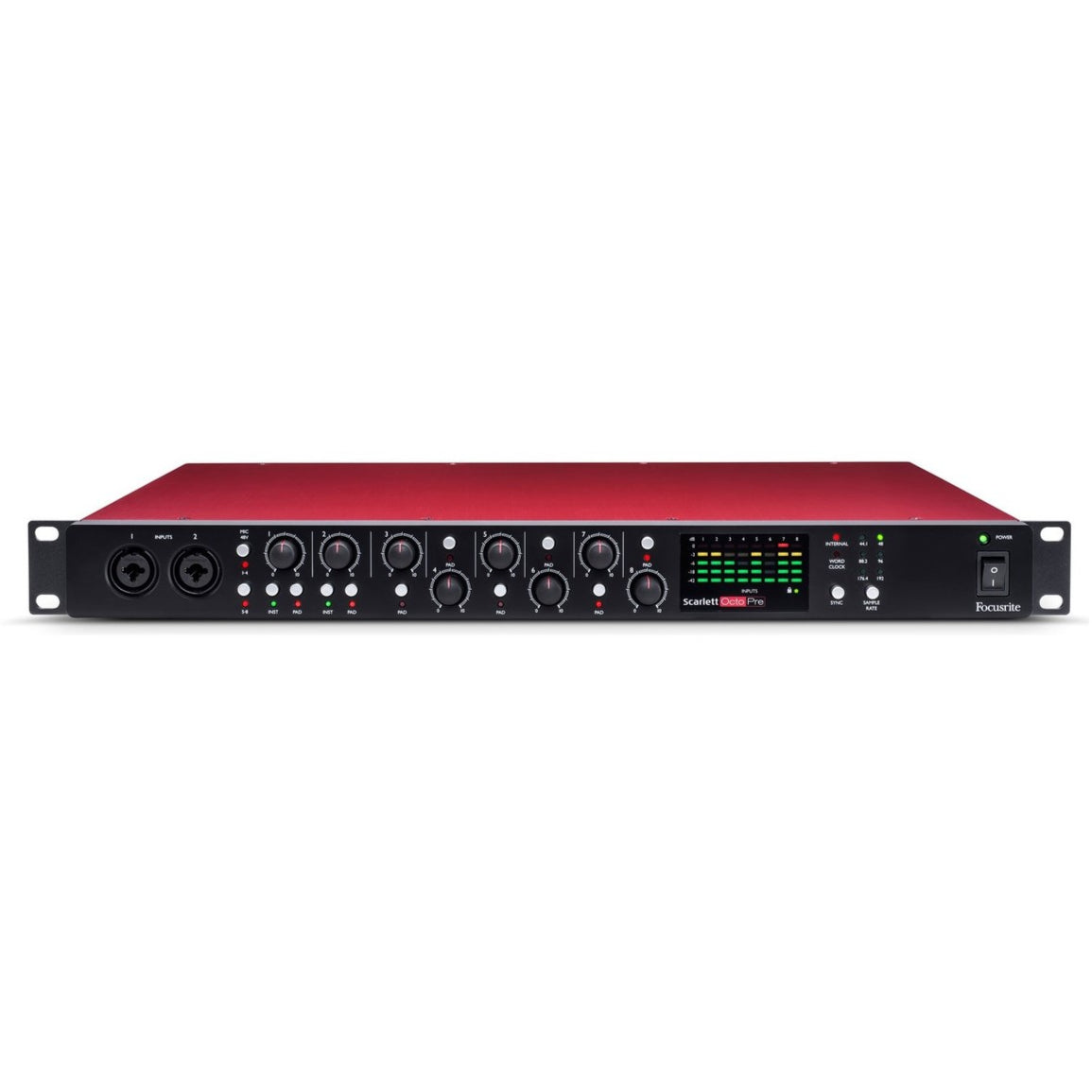 Focusrite Scarlett OctoPre microphone preamp with multiple input channels and professional audio interface design.