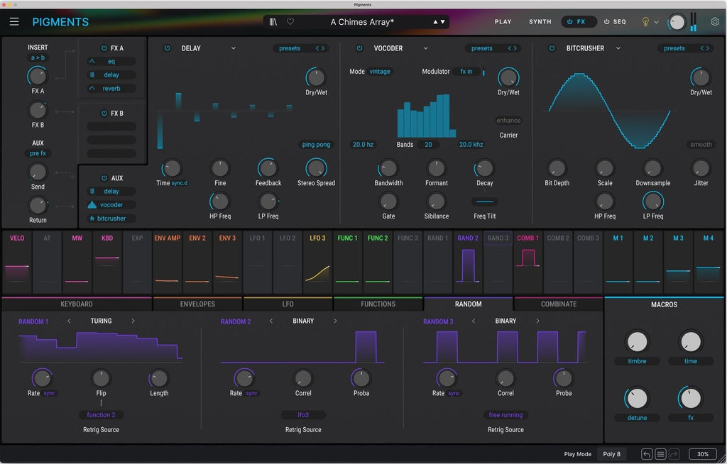 Arturia Pigments 6 music production software interface displaying various effects and modulation options on a digital screen.