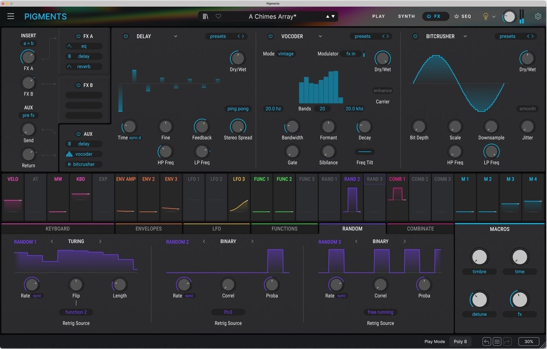 Arturia Pigments 6 music production software interface displaying various effects and modulation options on a digital screen.