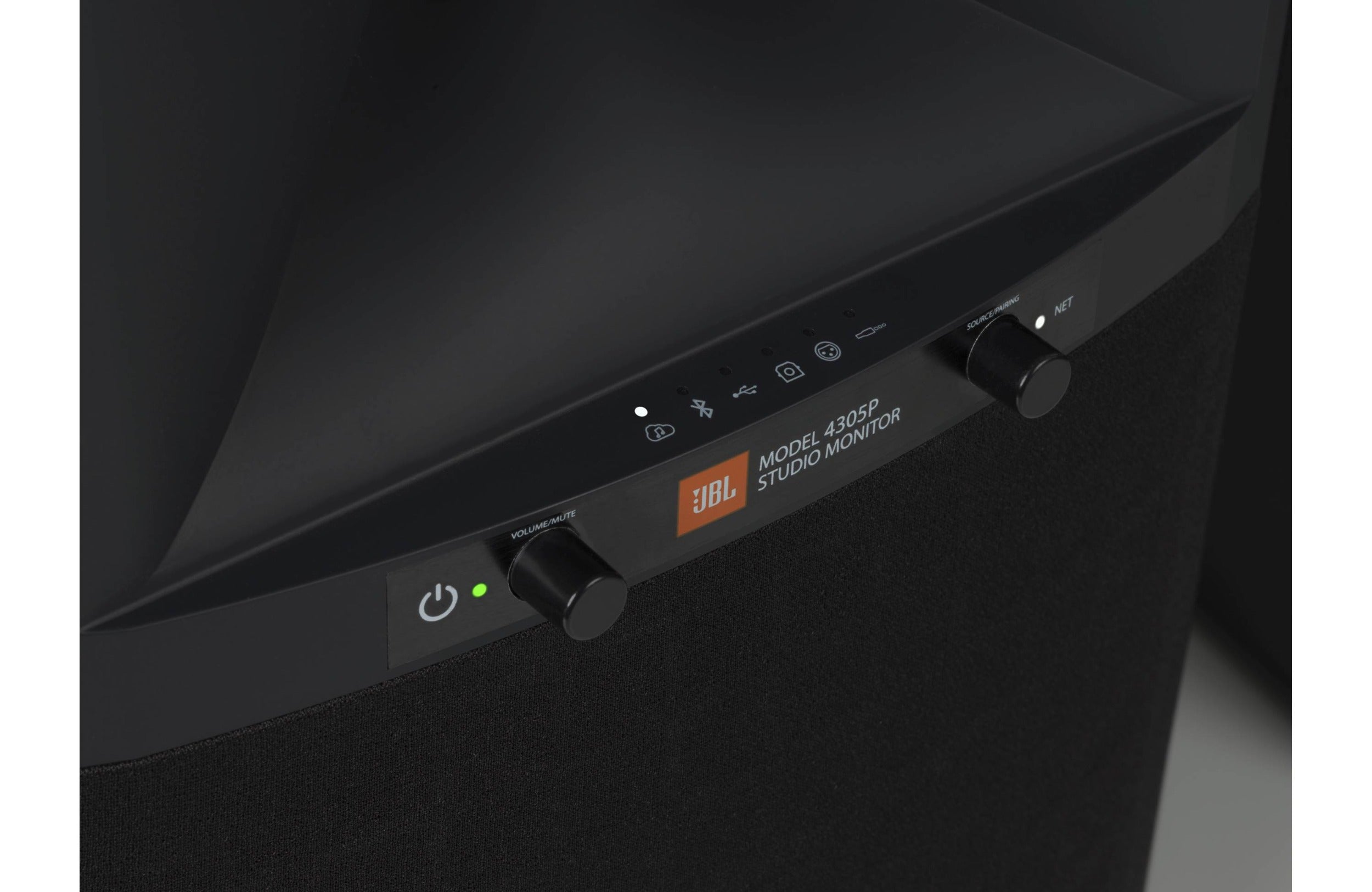 JBL 4305P active bookshelf speakers shown with black finish and detailed front grille for high-quality sound.