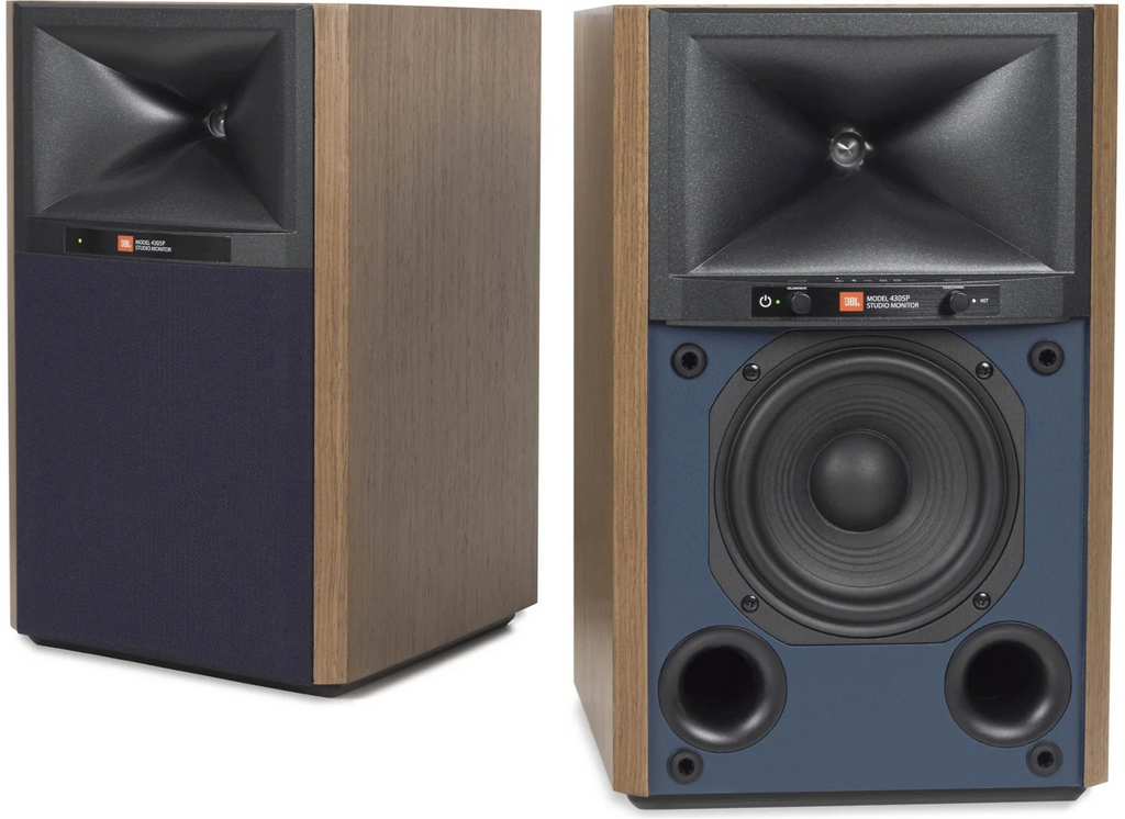 JBL 4305P active bookshelf speakers shown with sleek black finish and modern design, perfect for high-quality audio in a home setup.
