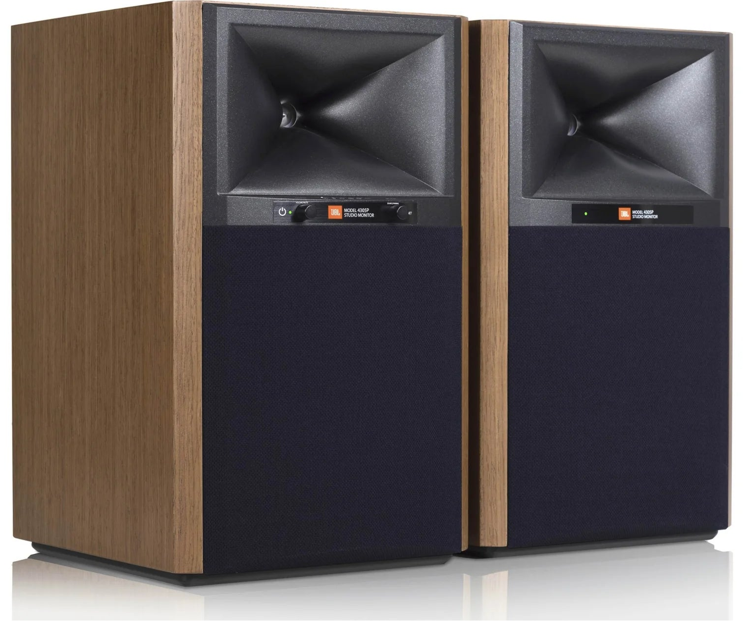 JBL 4305P active bookshelf speakers with sleek black finish and modern design, showing the front view with speaker grilles.