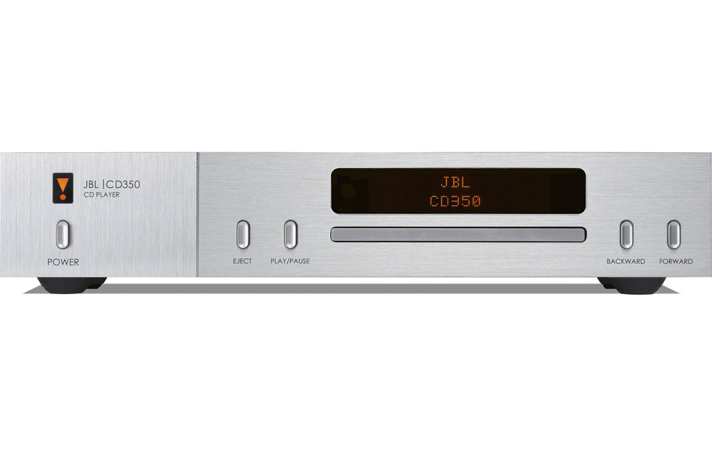 JBL CD350 Classic CD player with a sleek black design, compact shape, and control buttons on the front panel.