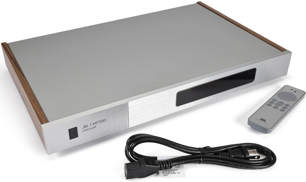 JBL MP350 Classic music streamer with sleek white design, showcasing its front panel and connectivity ports.