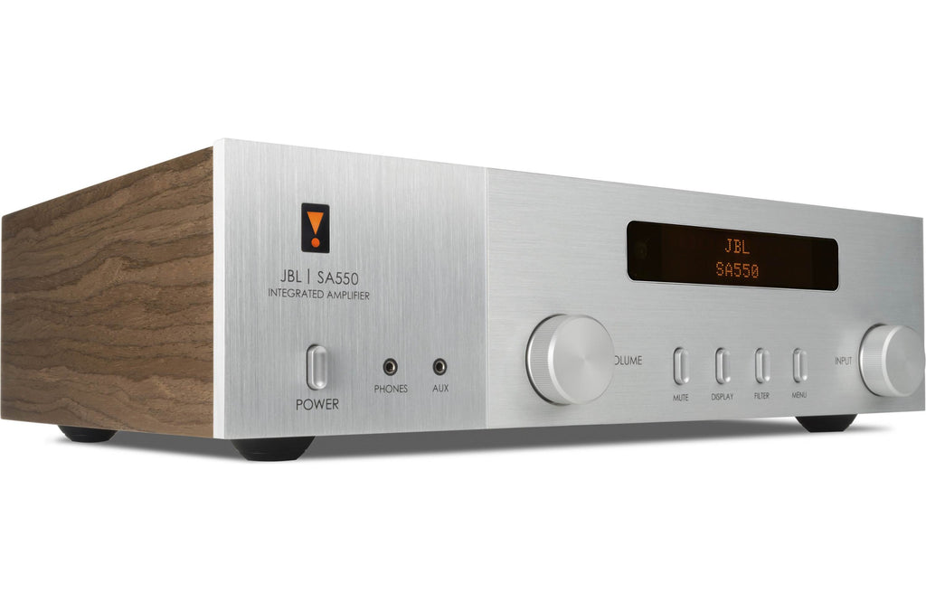 JBL SA550 Classic stereo amplifier with sleek black finish and control knobs, showcasing vintage-inspired audio equipment.