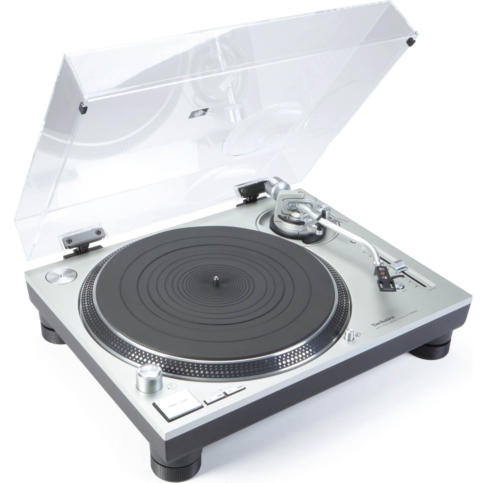 Technics SL-1200GR2 turntable with black finish, detailed tonearm and platter, showcasing high-quality DJ and audiophile equipment