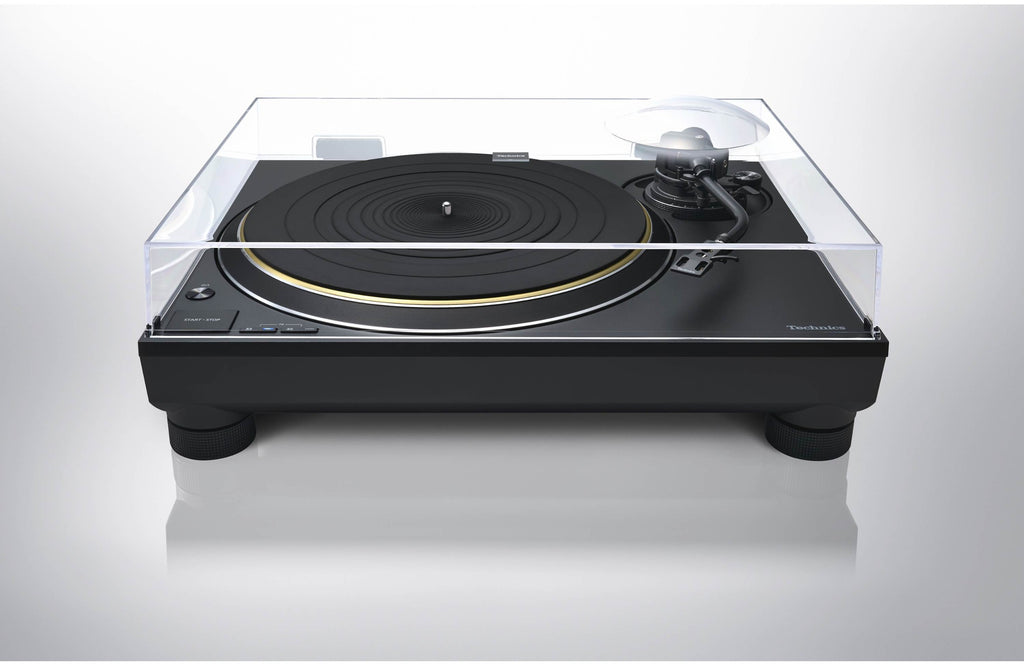 Technics SL-1300G turntable with wooden plinth, tonearm and platter, showcasing a sleek, modern design for high-quality vinyl listening