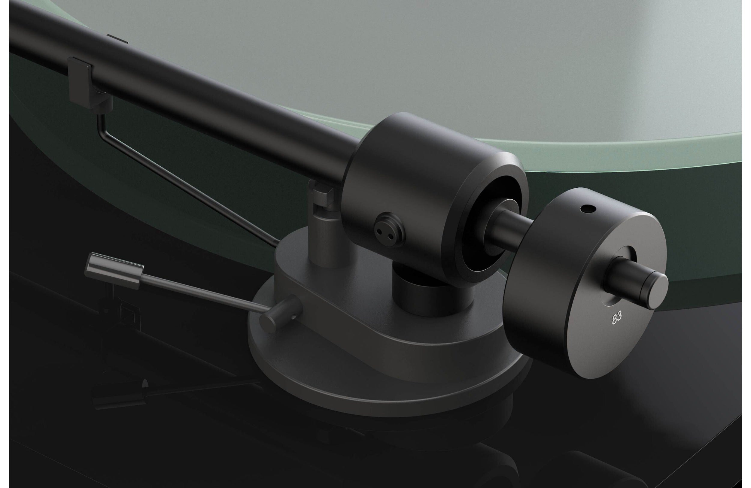 Pro-Ject T1 EVO turntable with sleek design, featuring a wooden plinth and tonearm, shown from a side angle.