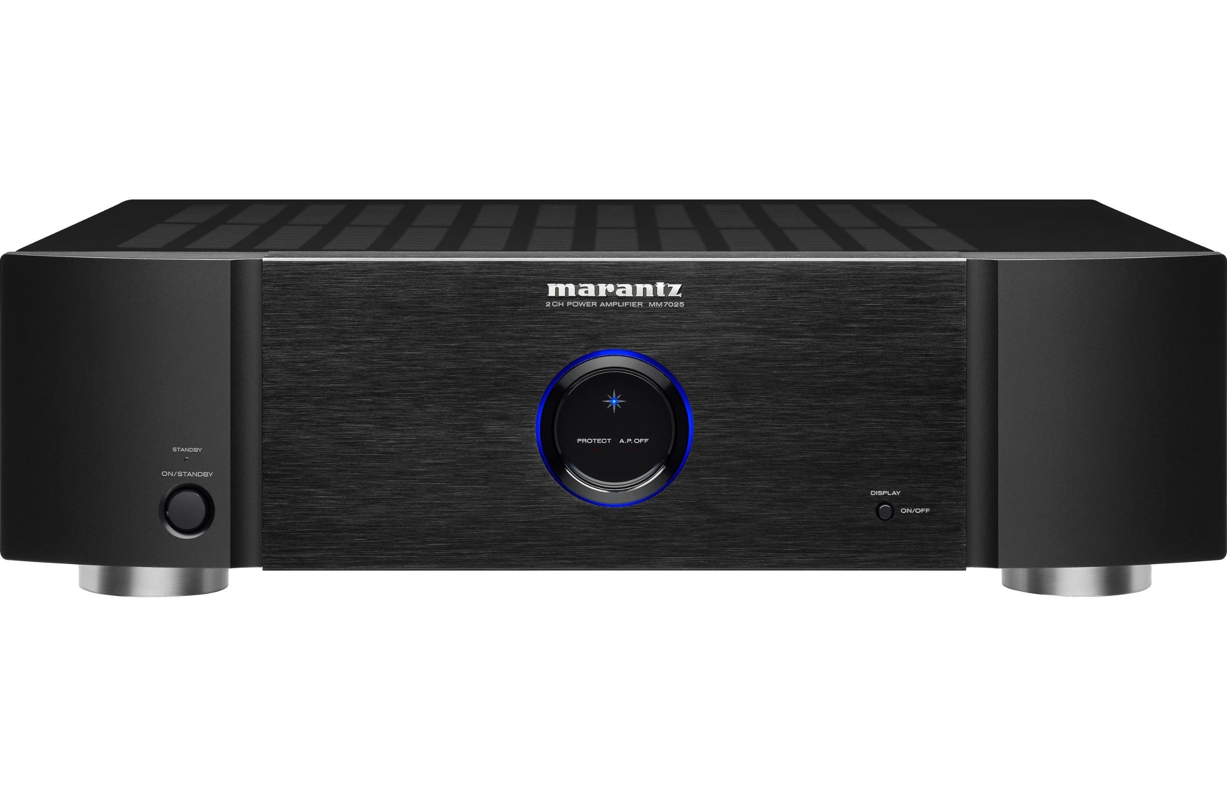 Marantz MM7025 stereo amplifier with dual channels and sleek black design, featuring control knobs and input ports visible.