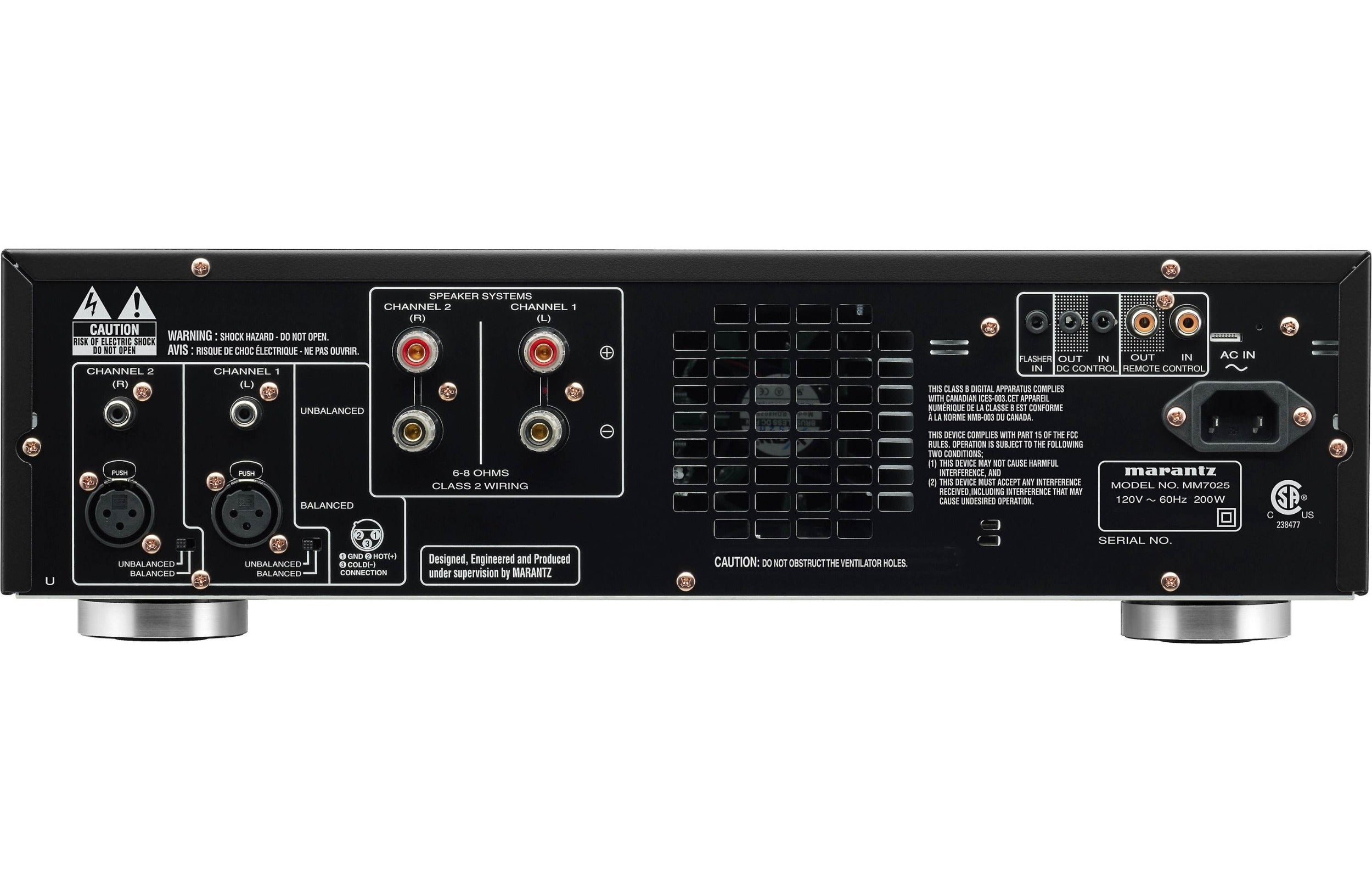 Marantz MM7025 stereo amplifier with dual channels and silver finish, featuring control knobs and input ports on the front panel.