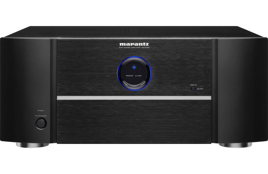 Marantz MM7055 stereo amplifier with multiple audio control knobs and sleek black design.