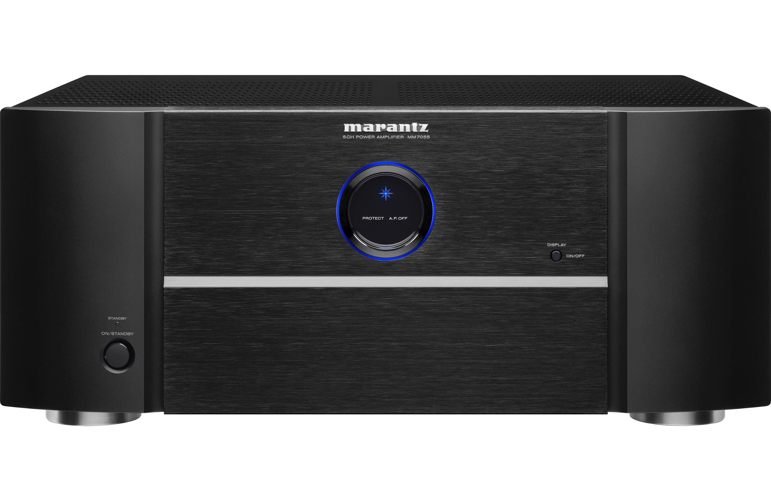 Marantz MM7055 stereo amplifier with multiple audio control knobs and sleek black design.