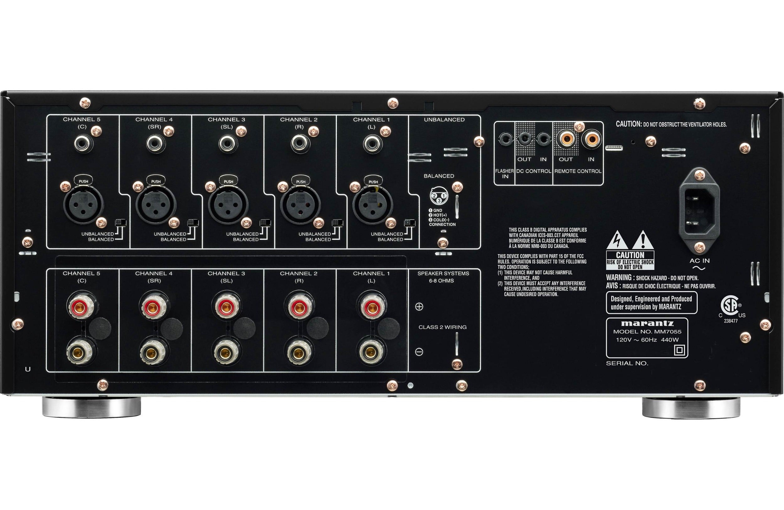 Marantz MM7055 stereo amplifier with multiple input ports and sleek black design, showcasing high-performance audio equipment.