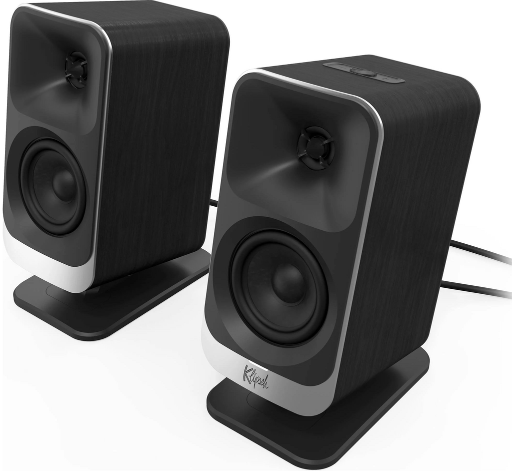 Klipsch ProMedia Lumina desktop speakers with sleek black design, compact size, and modern audio setup for high-quality sound.