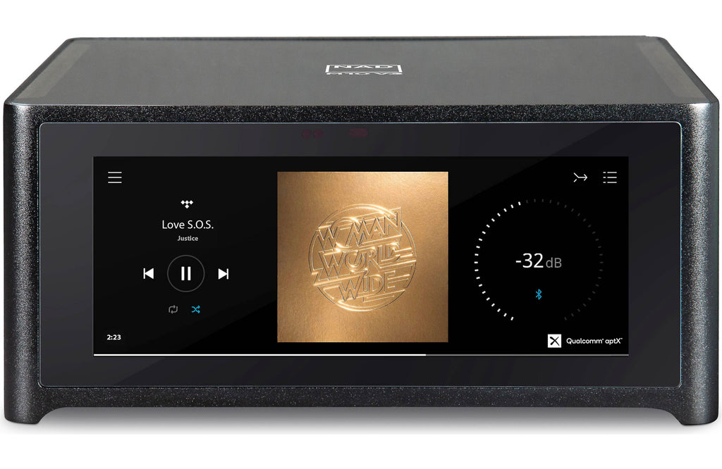 NAD M10 V3 stereo amplifier showcasing a sleek black design with control knobs and digital display on the front panel.