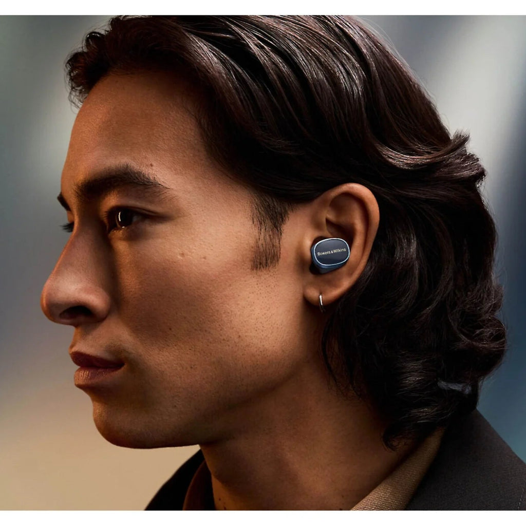 Bowers & Wilkins Pi8 wireless in-ear headphones with sleek black earbuds and inline remote on a white background.
