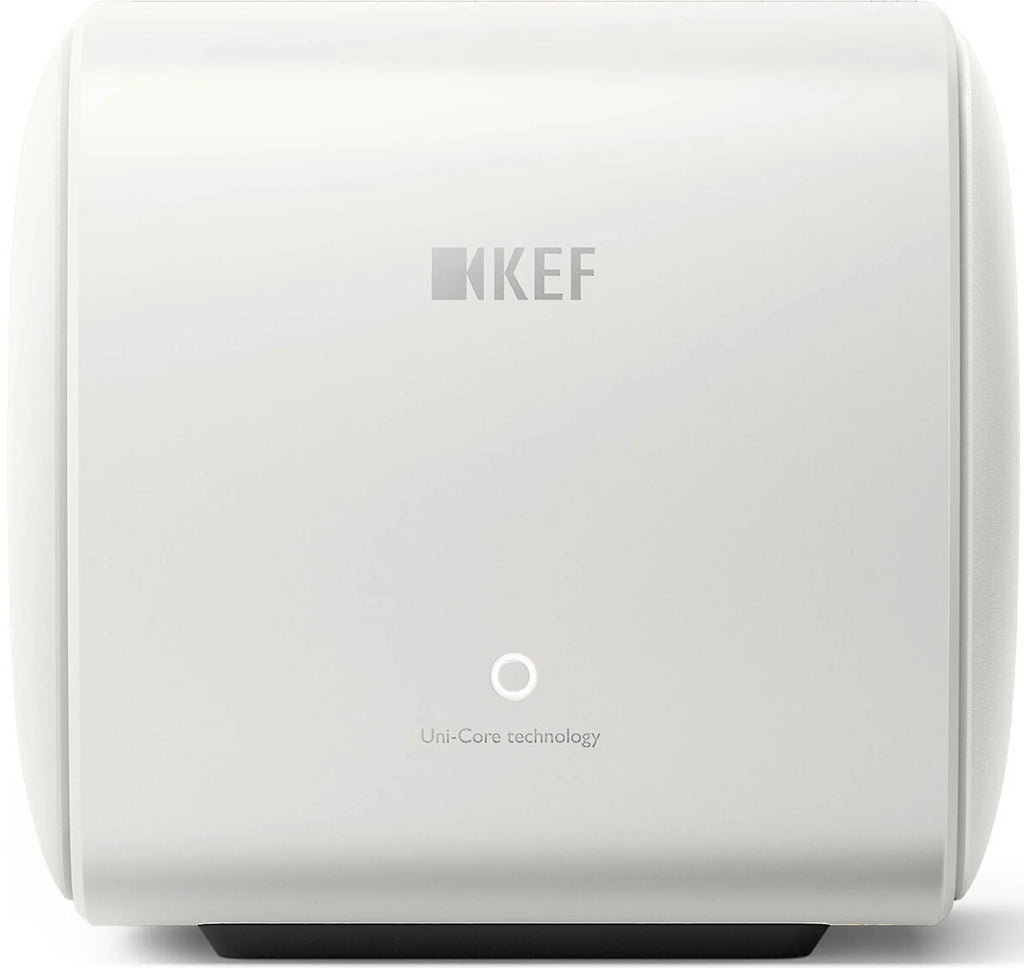 KEF KC62 subwoofer with sleek black enclosure and compact design, ideal for enhanced home audio and bass performance.