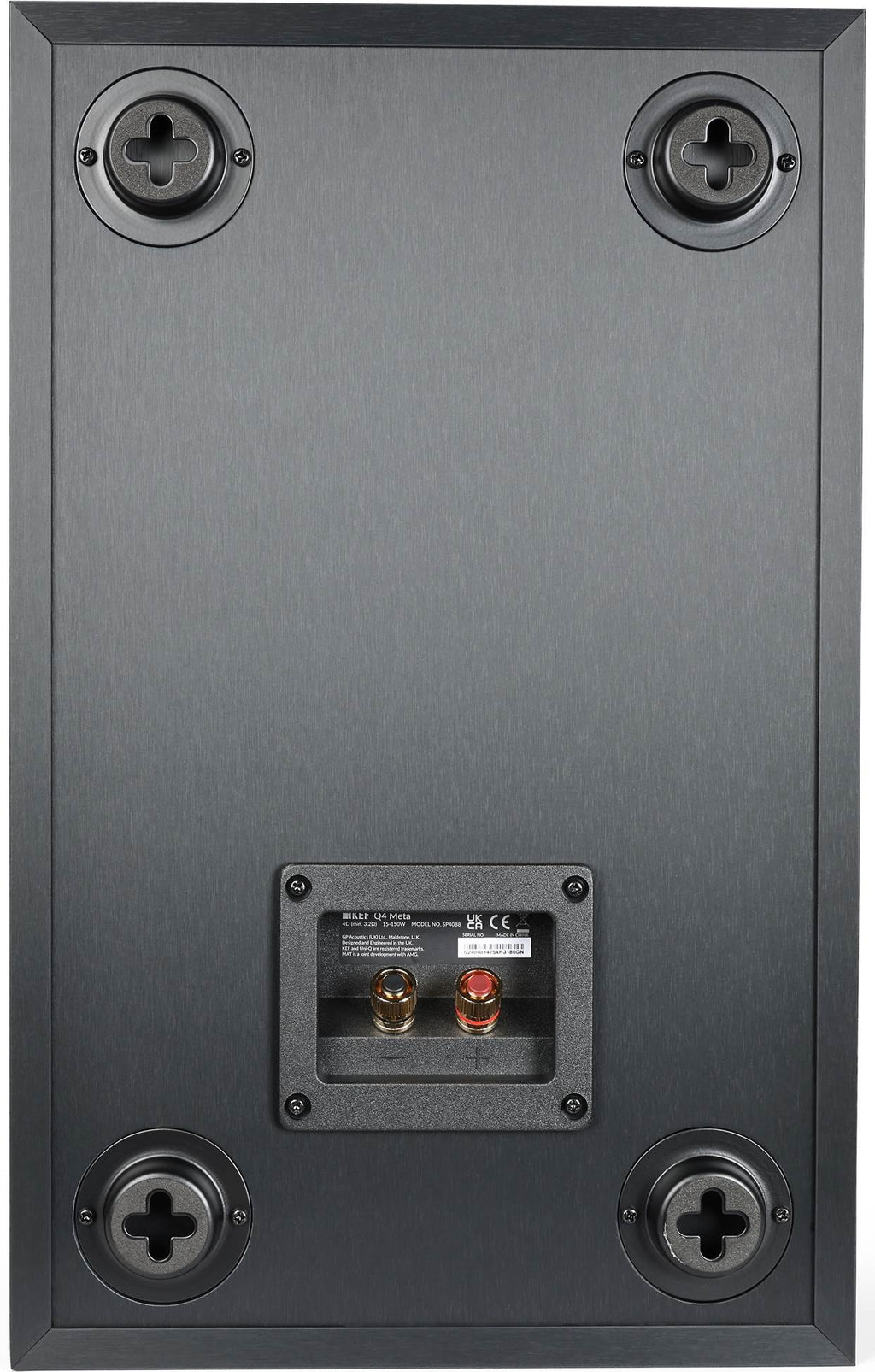 KEF Q4 Meta in-wall and outdoor speaker mounted on a wall, showcasing sleek black design and high-performance audio features.
