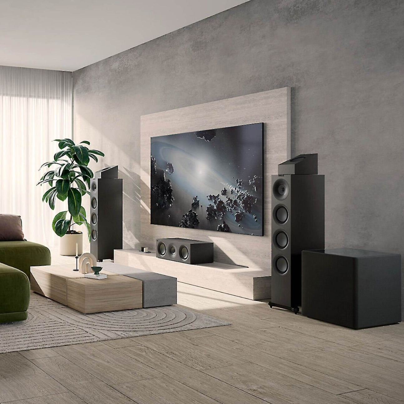 KEF Q7 Meta passive floorstanding speakers shown in black finish with sleek design and multiple driver arrangement.