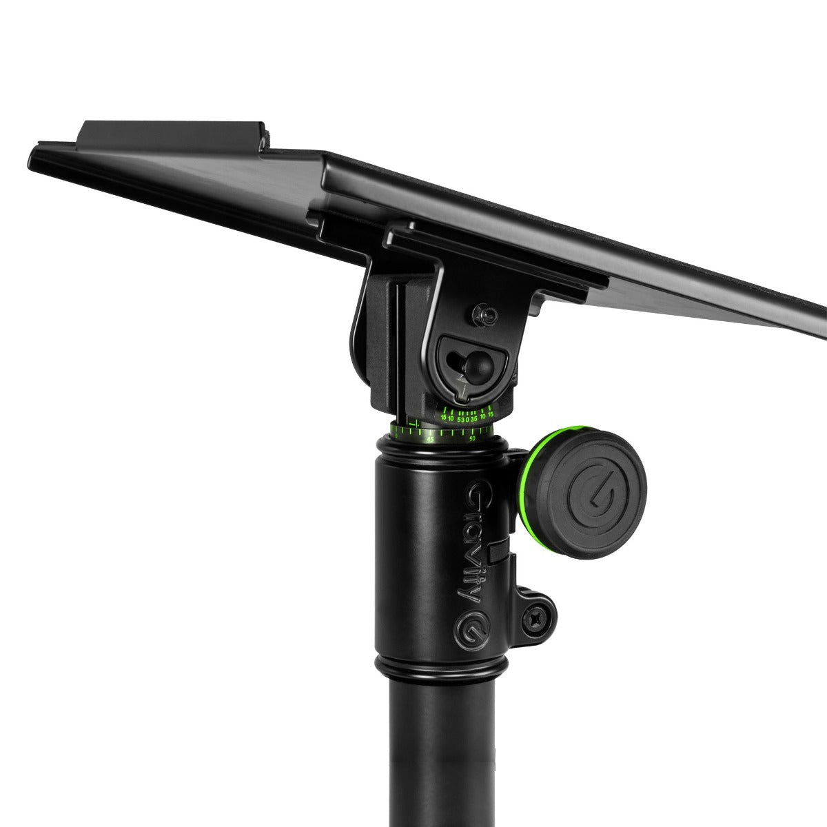 Gravity FT 01 MT B speaker stands shown with adjustable height and sturdy metal construction for supporting studio monitors.