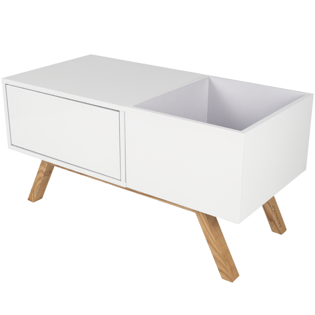 Glorious Turntable Lowboard DJ furniture with sturdy wooden surface and storage compartments for turntables and audio gear.