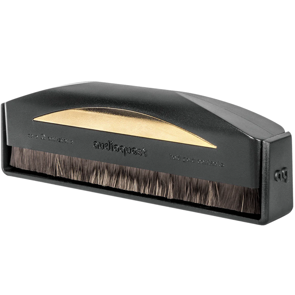 AudioQuest Gold Anti-Static Record Brush for cleaning vinyl records with anti-static properties and gold finish.