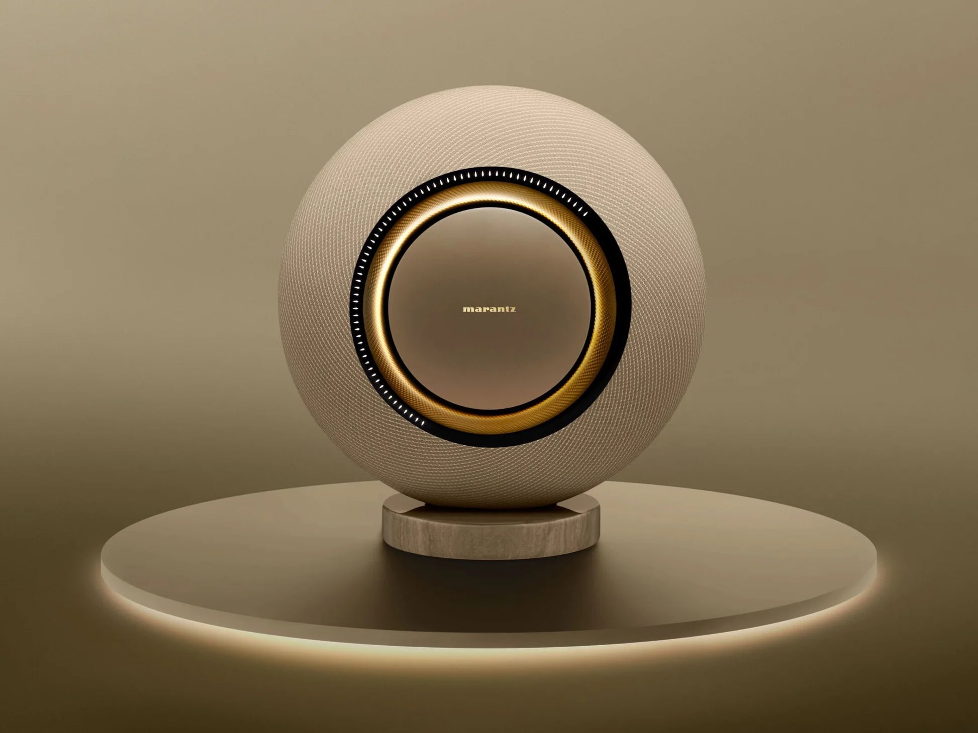 Marantz Horizon Grand wireless speaker in champagne color with sleek modern design and control buttons on the top.