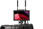 Hollyland Pyro 7 video monitor displaying multiple screens with detailed interface and controls, used for professional video production.