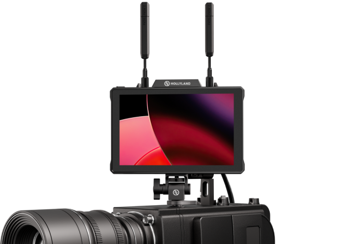 Hollyland Pyro Transmission Kit video monitors with multiple screens and control buttons, used for professional video transmission.
