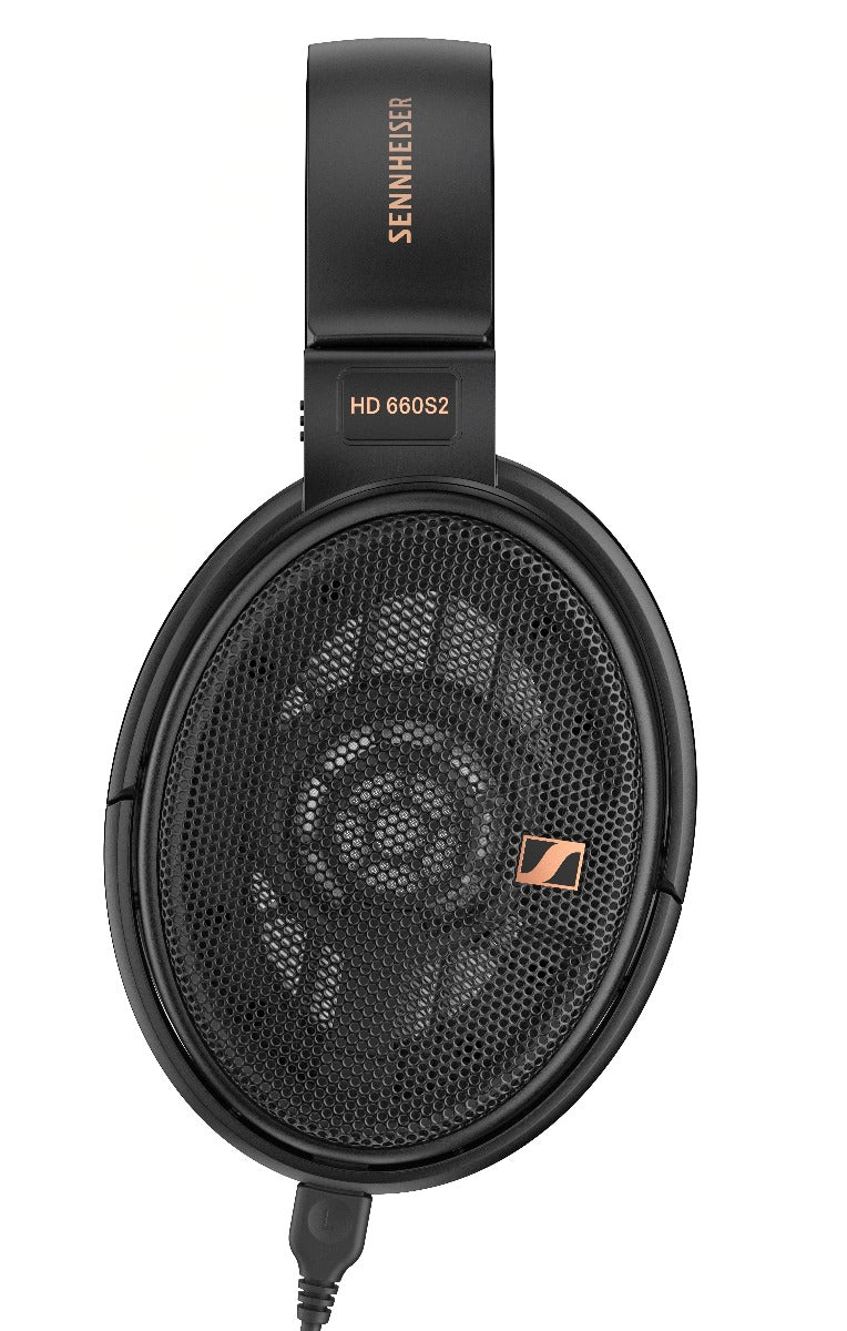 Sennheiser HD 660S2 open-back headphones shown from a side angle, featuring sleek design and large ear cups for high-quality sound.