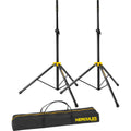 Hercules Stands SS200BB PA speaker stands with adjustable height and sturdy black metal construction for professional audio setup.