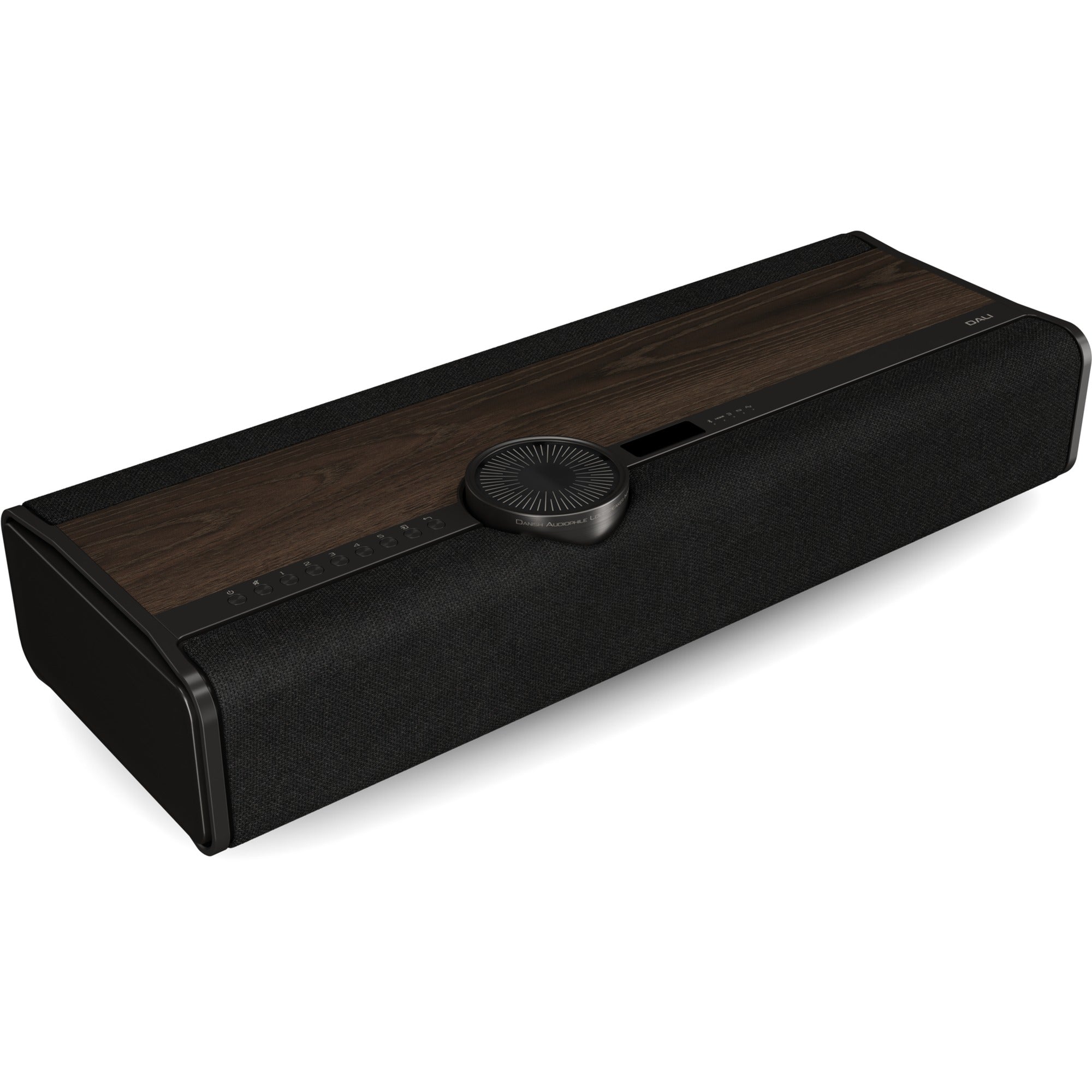Dali Vega all-in-one wireless hi-fi speaker in Dark Oak, angled view