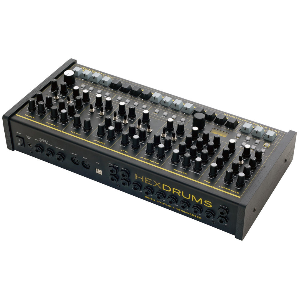 Erica Synths Hexdrums drum machine with multiple knobs and pads, featuring a compact black design and colorful control elements.