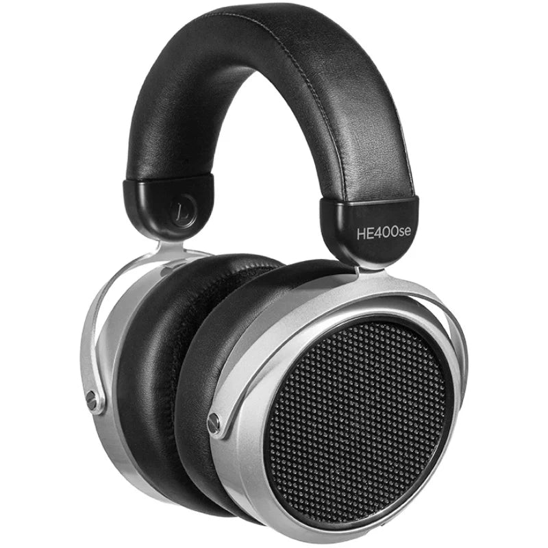 Wired HiFiMAN HE400se headphones with open-back design and over-ear ear cups, black finish, on a plain background.