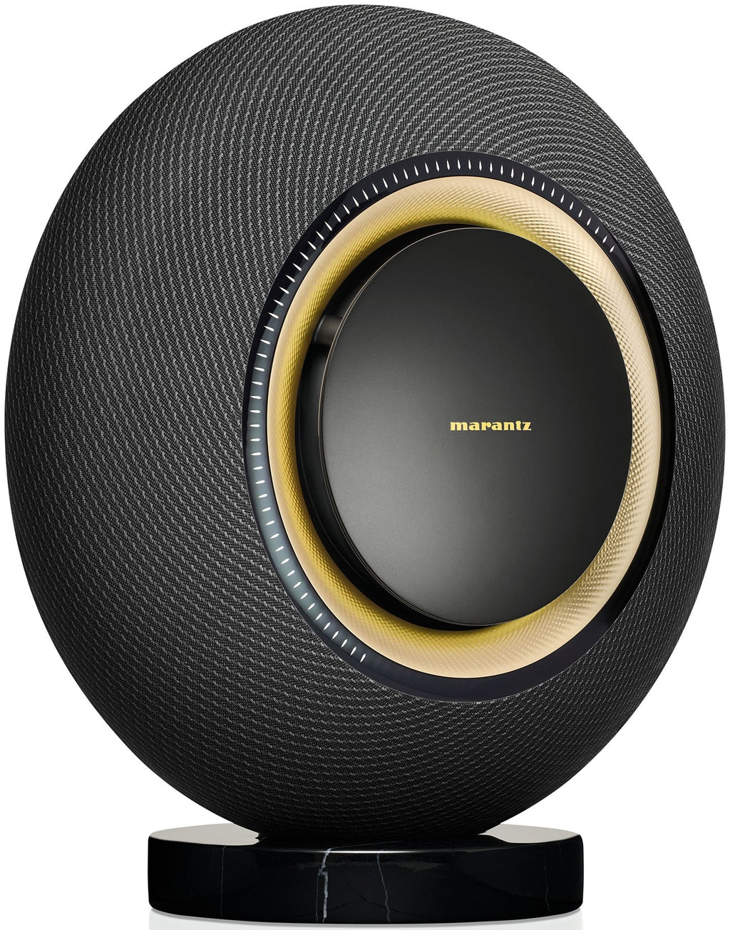 Marantz Horizon Grand wireless speakers in midnight sky color, showing a sleek modern design from an angled side view.