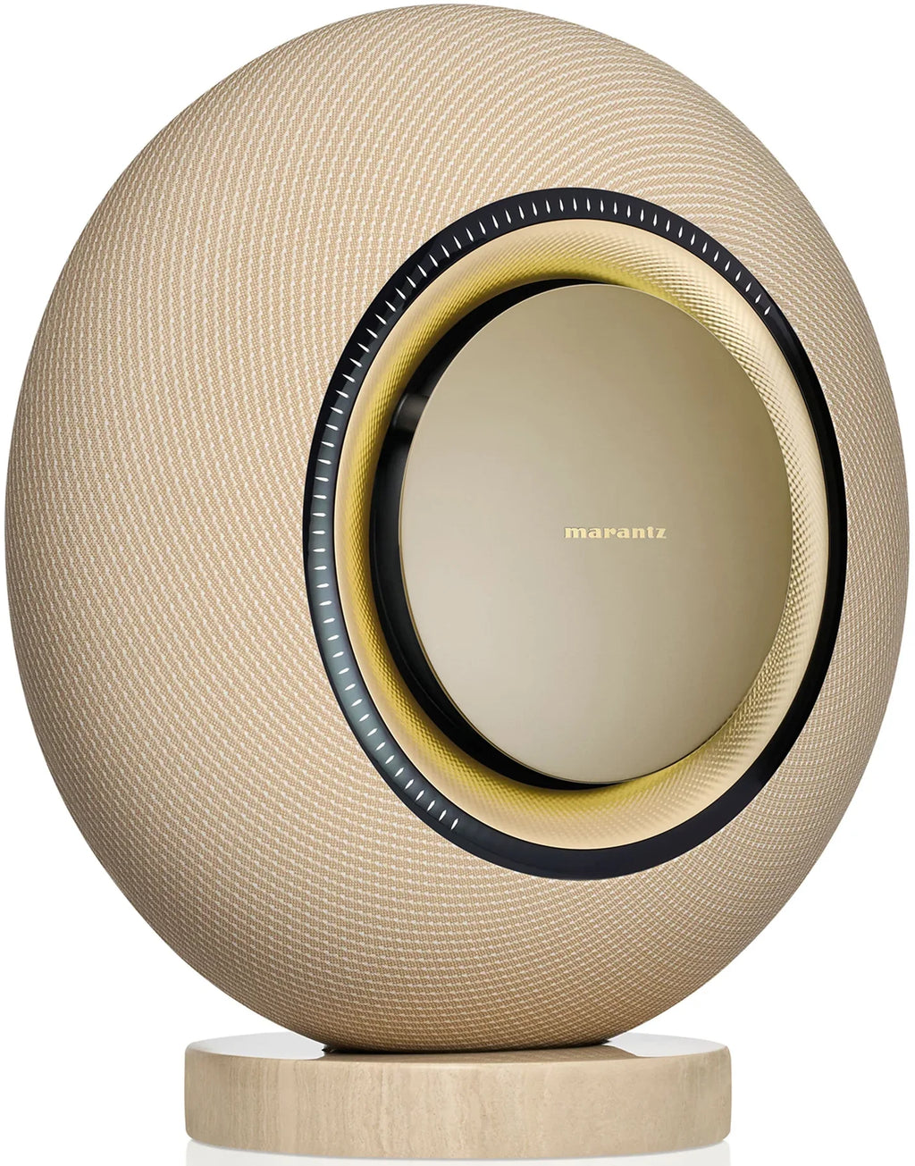 Marantz Horizon Grand wireless speaker in champagne color, angled view showing sleek design and modern speaker grille.