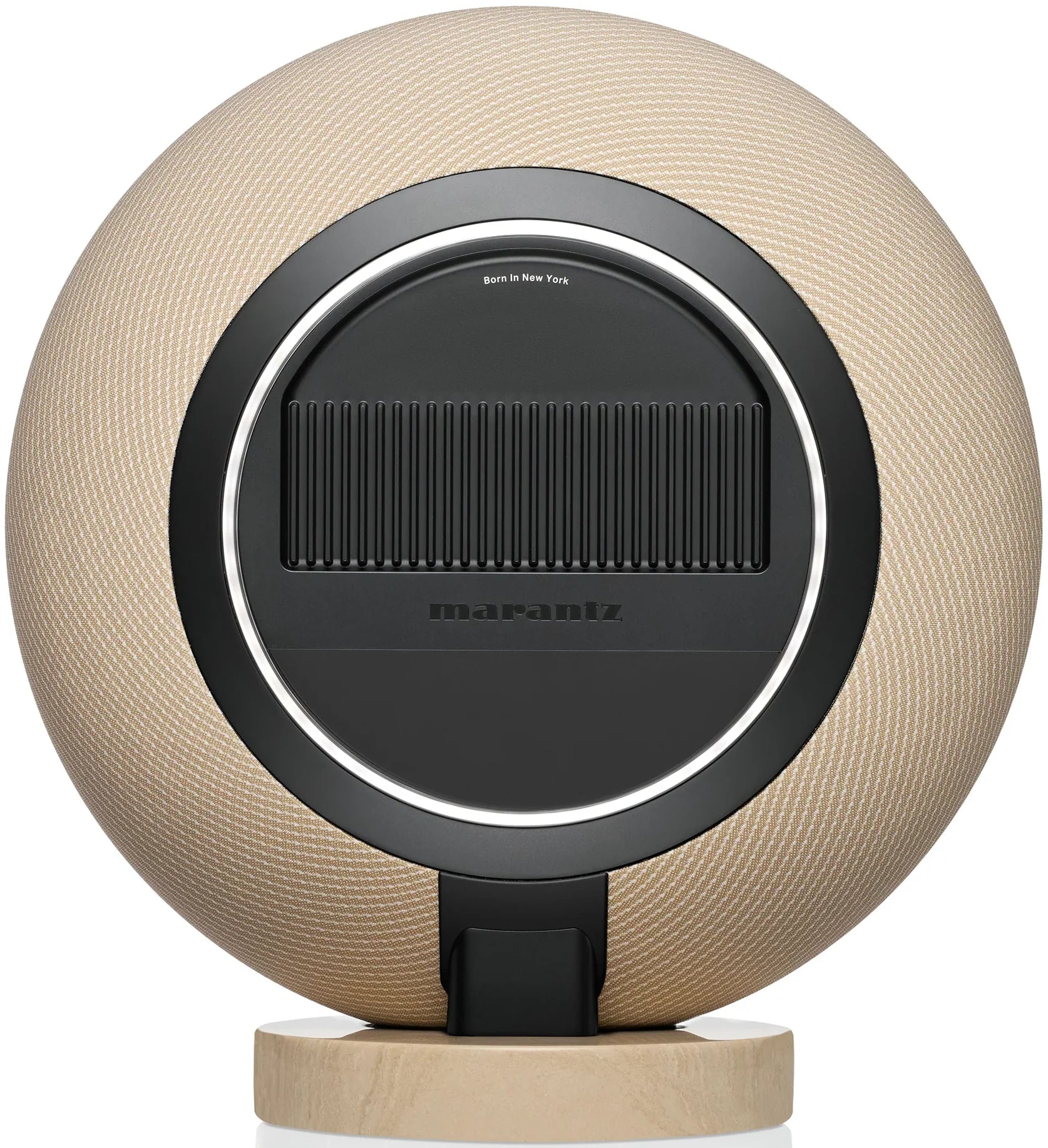 Marantz Horizon Grand wireless speaker in champagne finish, shown from the rear with detailed speaker grille and port openings.