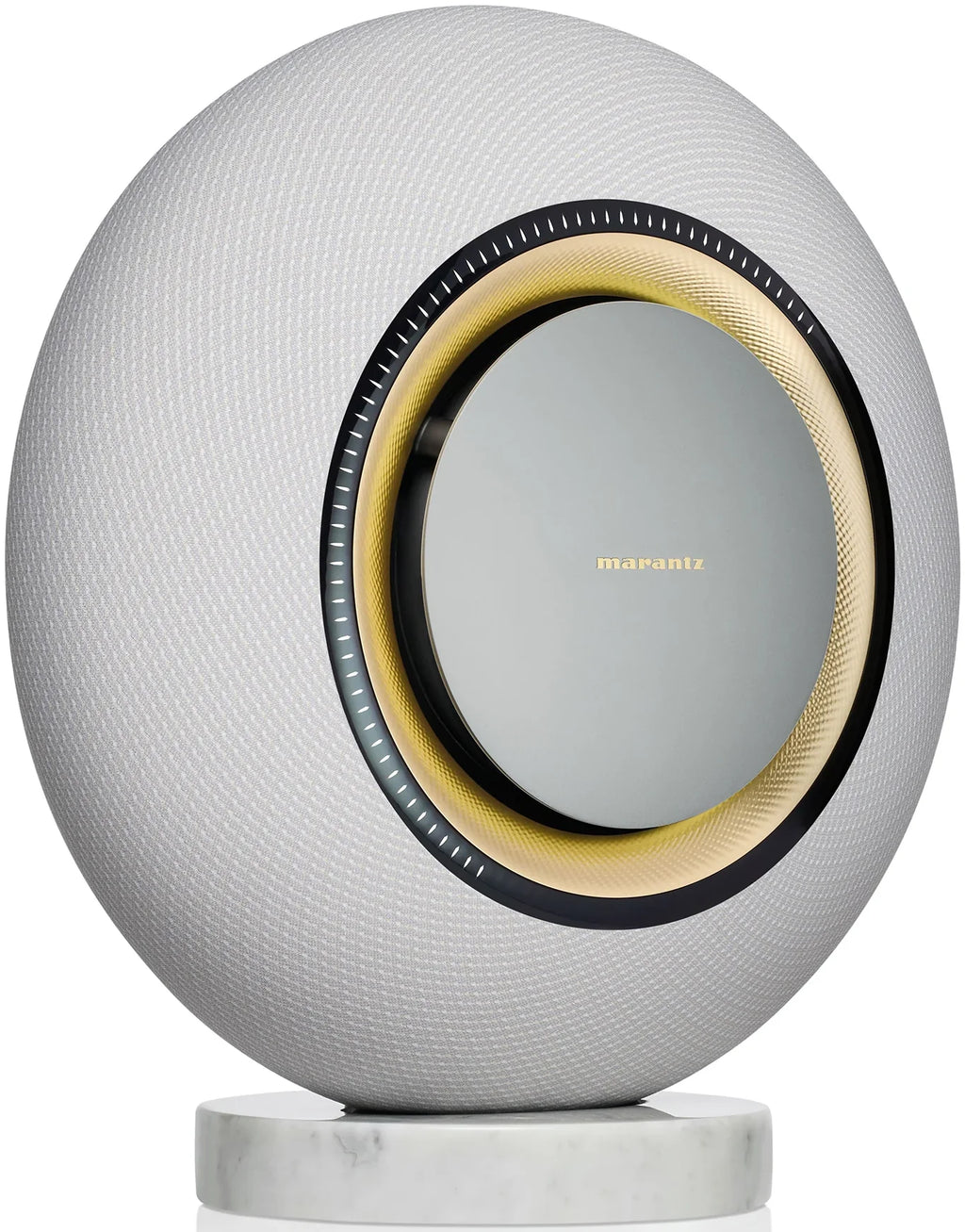 Marantz Horizon Grand wireless speaker with sleek design and modern controls, shown from an angled side view.