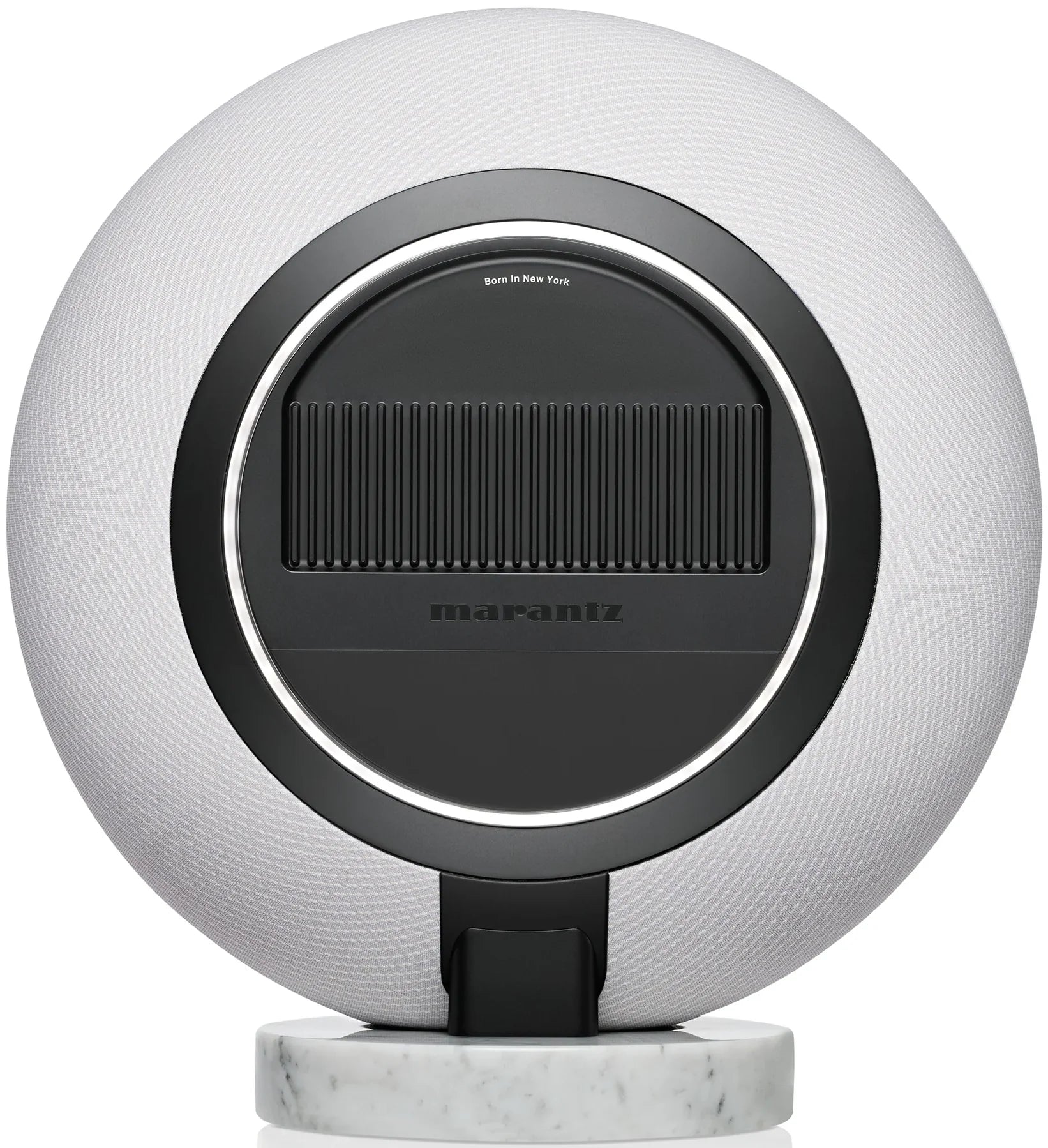 Marantz Horizon Grand wireless speakers with sleek design and rear connection ports, showcasing modern audio equipment.