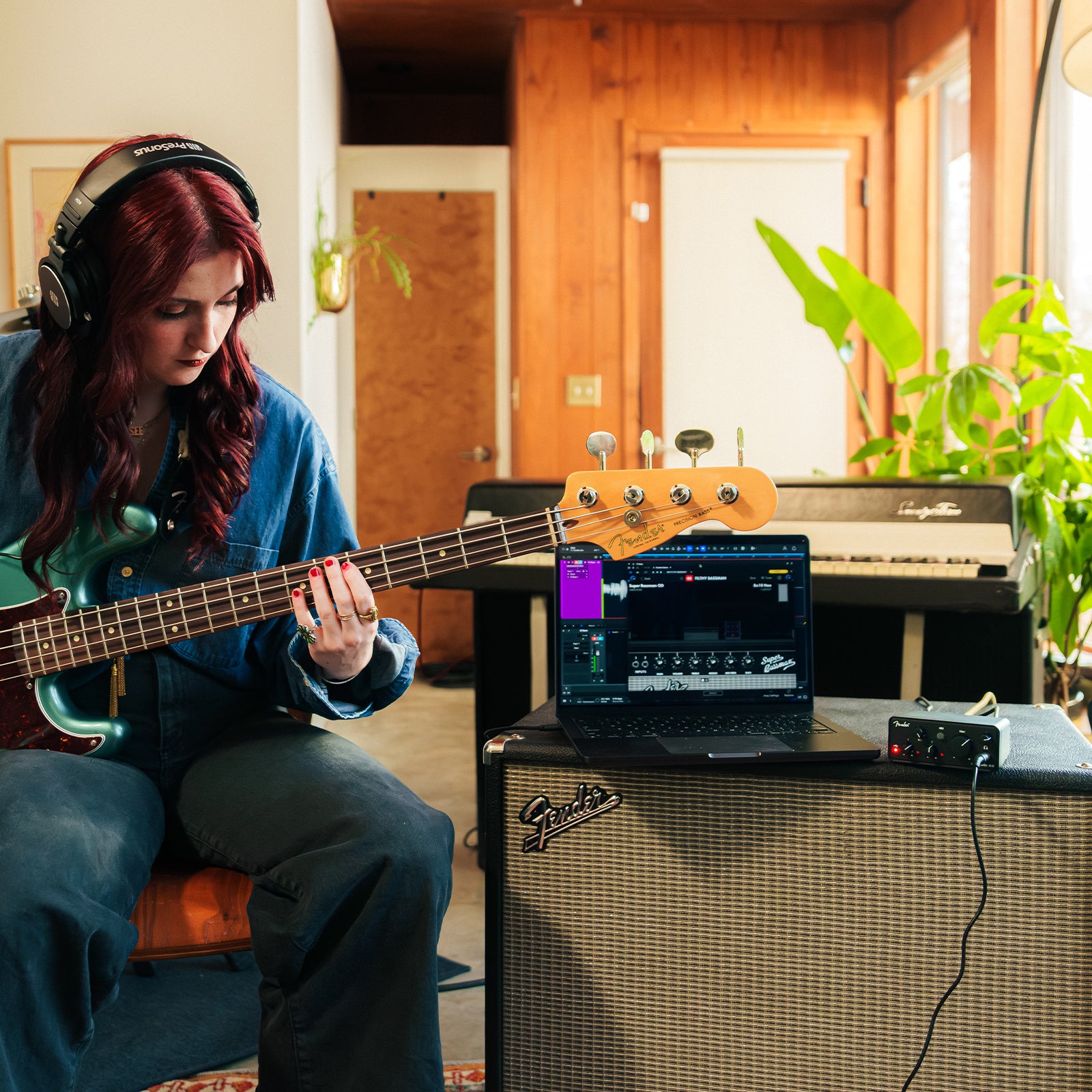 Fender AudioBox GO USB audio interface with input and output ports, compact design, and control knobs for music recording.