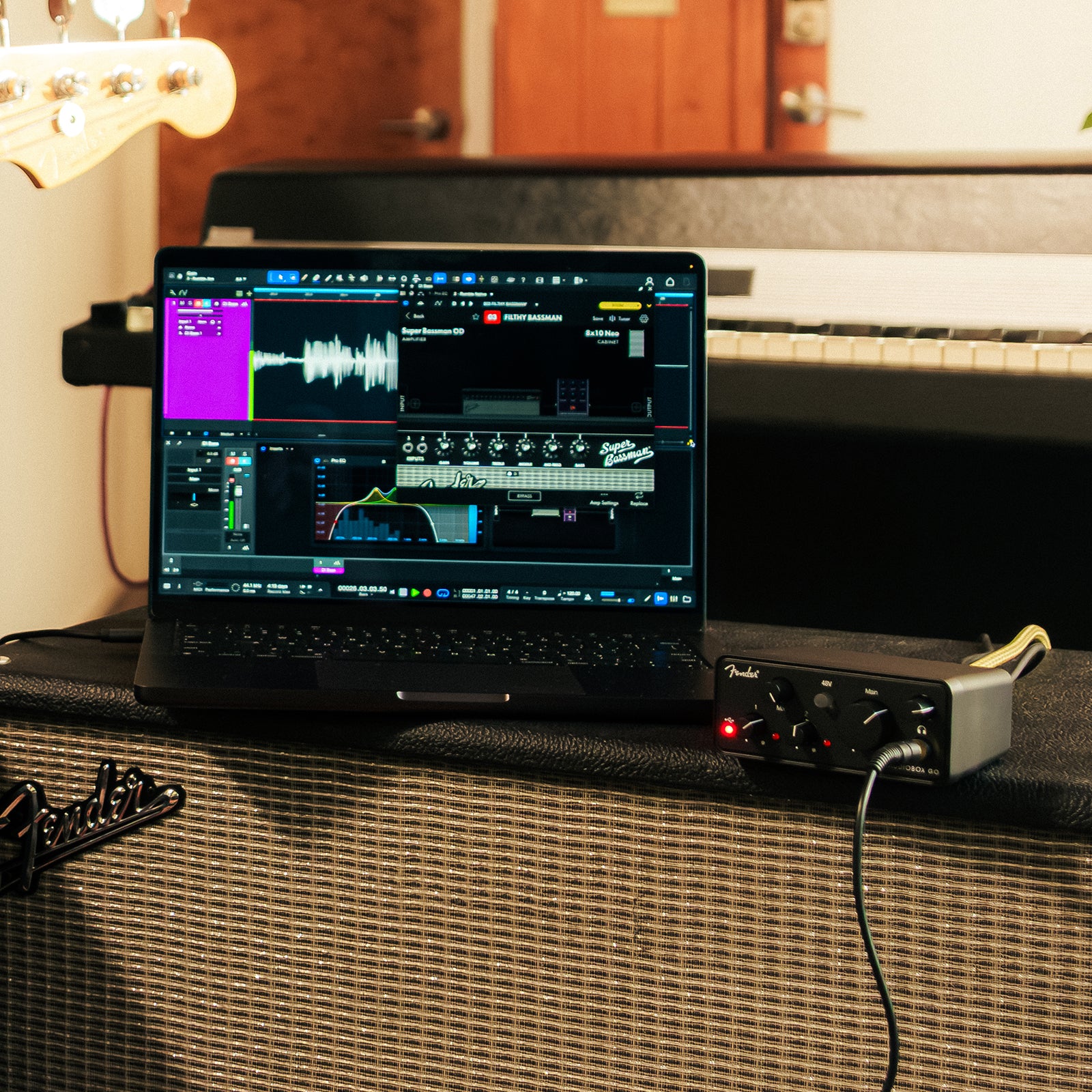 Fender AudioBox GO USB audio interface with compact design and input/output controls, ideal for music recording and streaming.