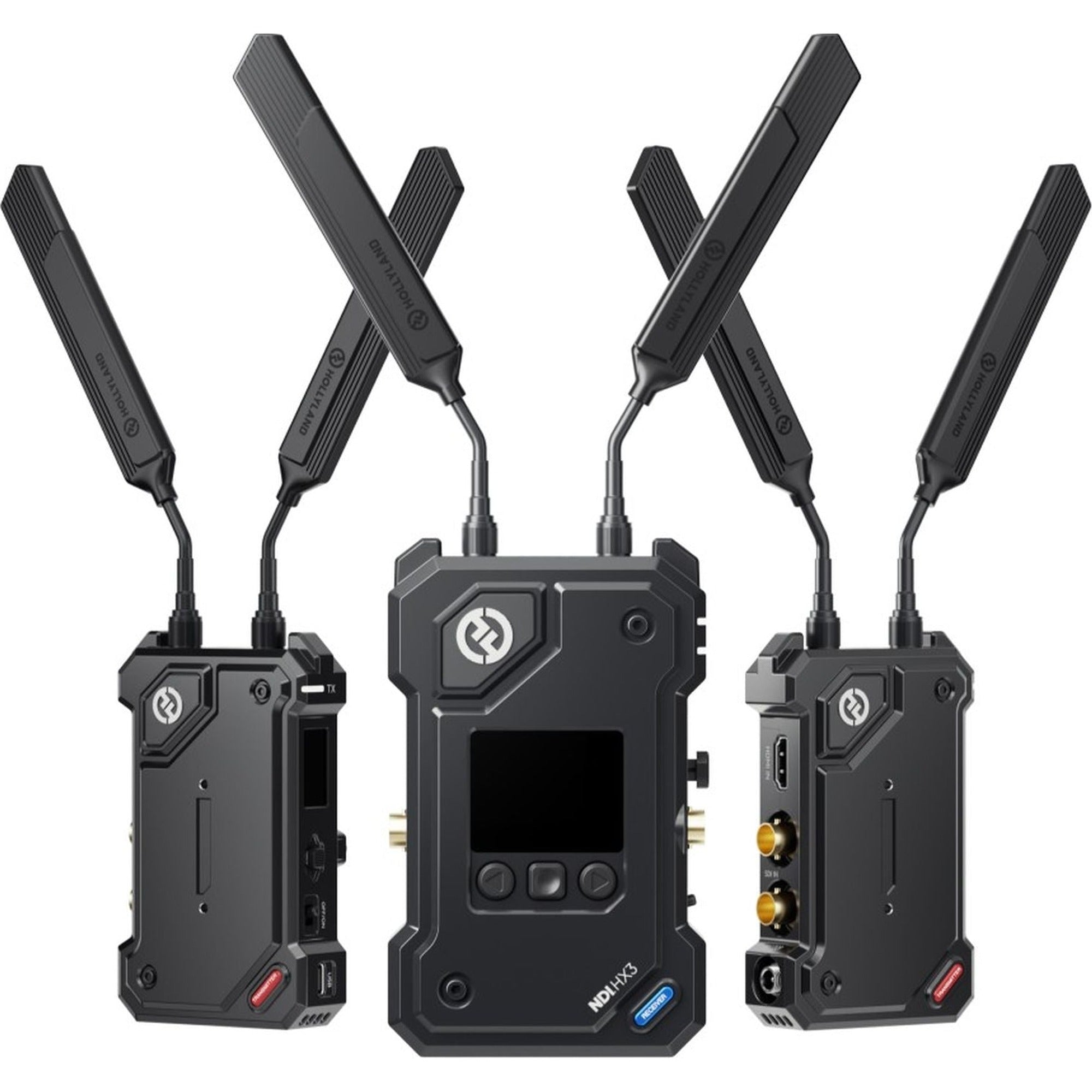 Hollyland Cosmo C2 wireless video transmission system with 2 transmitters and 1 receiver, used for professional video broadcasting.