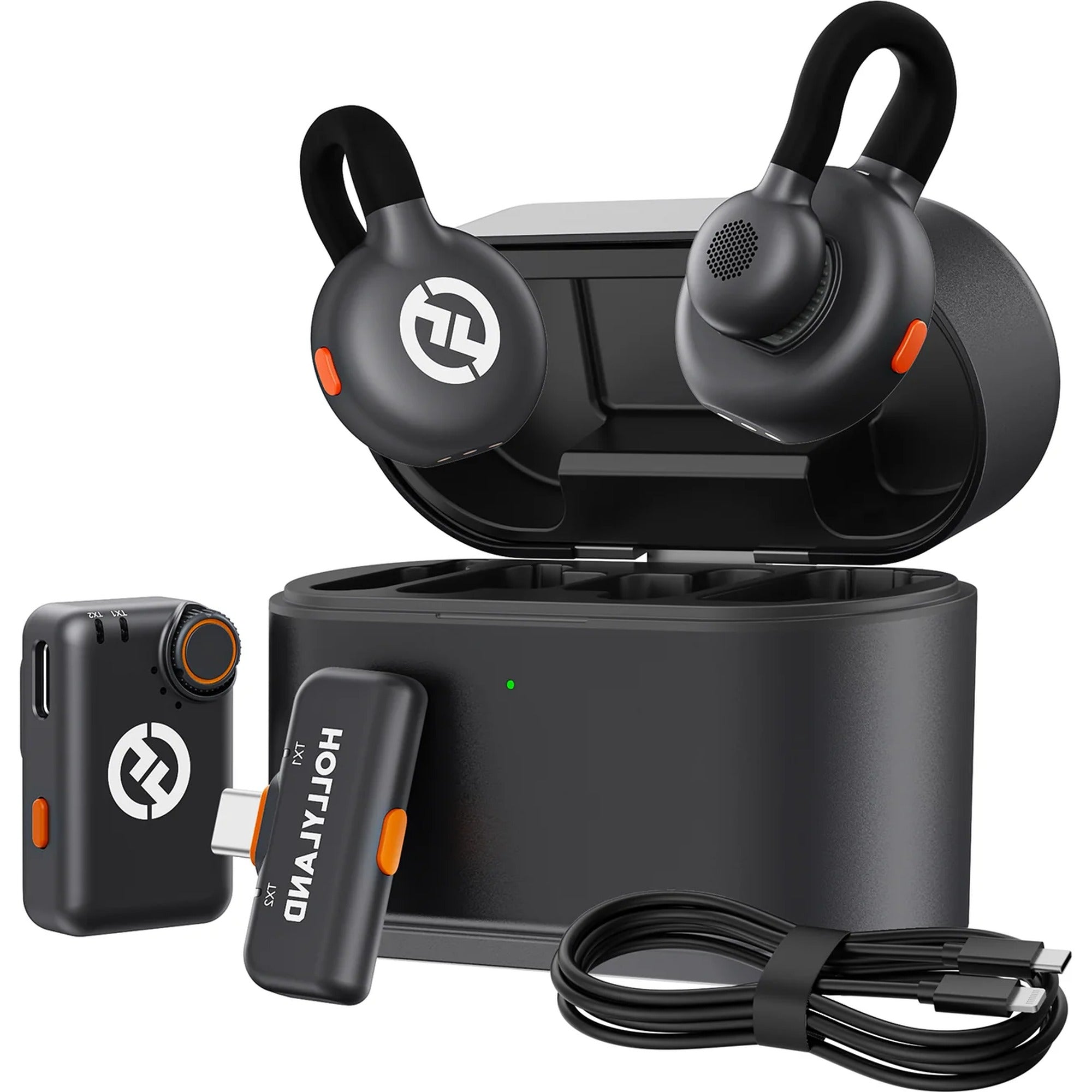 Hollyland Lark M2S wireless microphone system with 2 receiver units, camera and USB-C connections, and lightning cable.